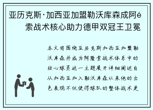 亚历克斯·加西亚加盟勒沃库森成阿隆索战术核心助力德甲双冠王卫冕